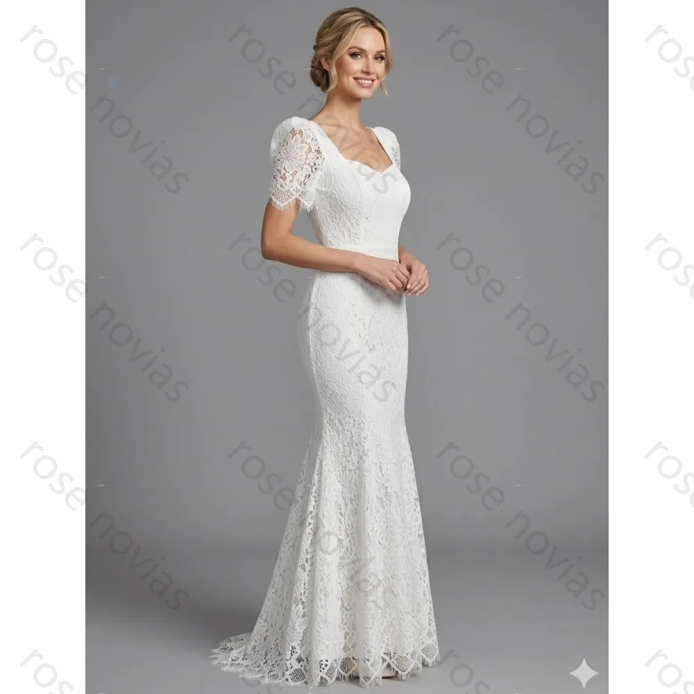 Customized Elegant Ivory Bridal Gown Square Neck Puff Sleeve Lace Mermaid For Wedding Prom Formal Gala