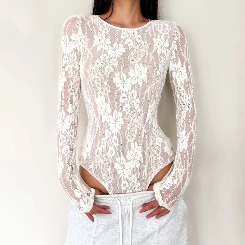 Women's Crew Neck Double Layer Long Sleeved Lace Bodysuit