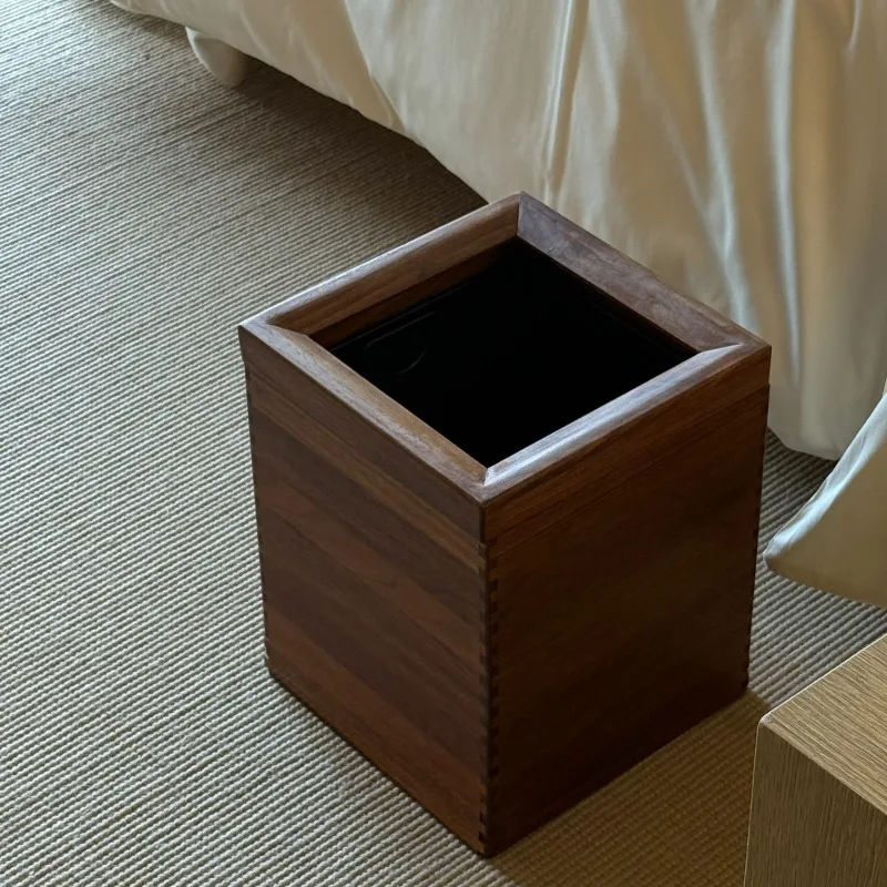 Black Walnut Waste Basket with Lid MidCentury Modern Trash Can High-End Decor Garbage Bin for Bedroom Premium Wooden Wastebasket