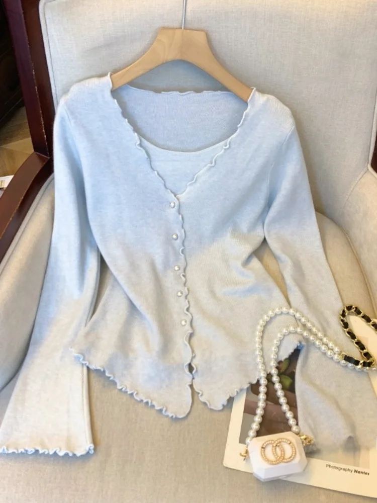 

Голубой деревянный вязаный свитер, женская внутренняя одежда для похудения, двухсекционная основа для похудения, осень-зима Faion