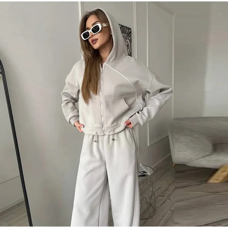 Damen-Hosen 2-teiliges Set: Kapuzenjacke mit langen Ärmeln und Reißverschluss, elastische Taille, weit geschnittene Hose, schicke Damen-Sportbekleidung, neues Herbst-Outfit. – Detail 11