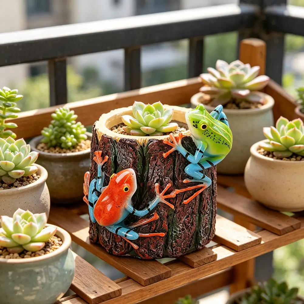 Flower Pot -stuffing Prevention Pot Tree Stump Shape Planter Pot with Frogs Resin Decorative Flower Container Small for Home