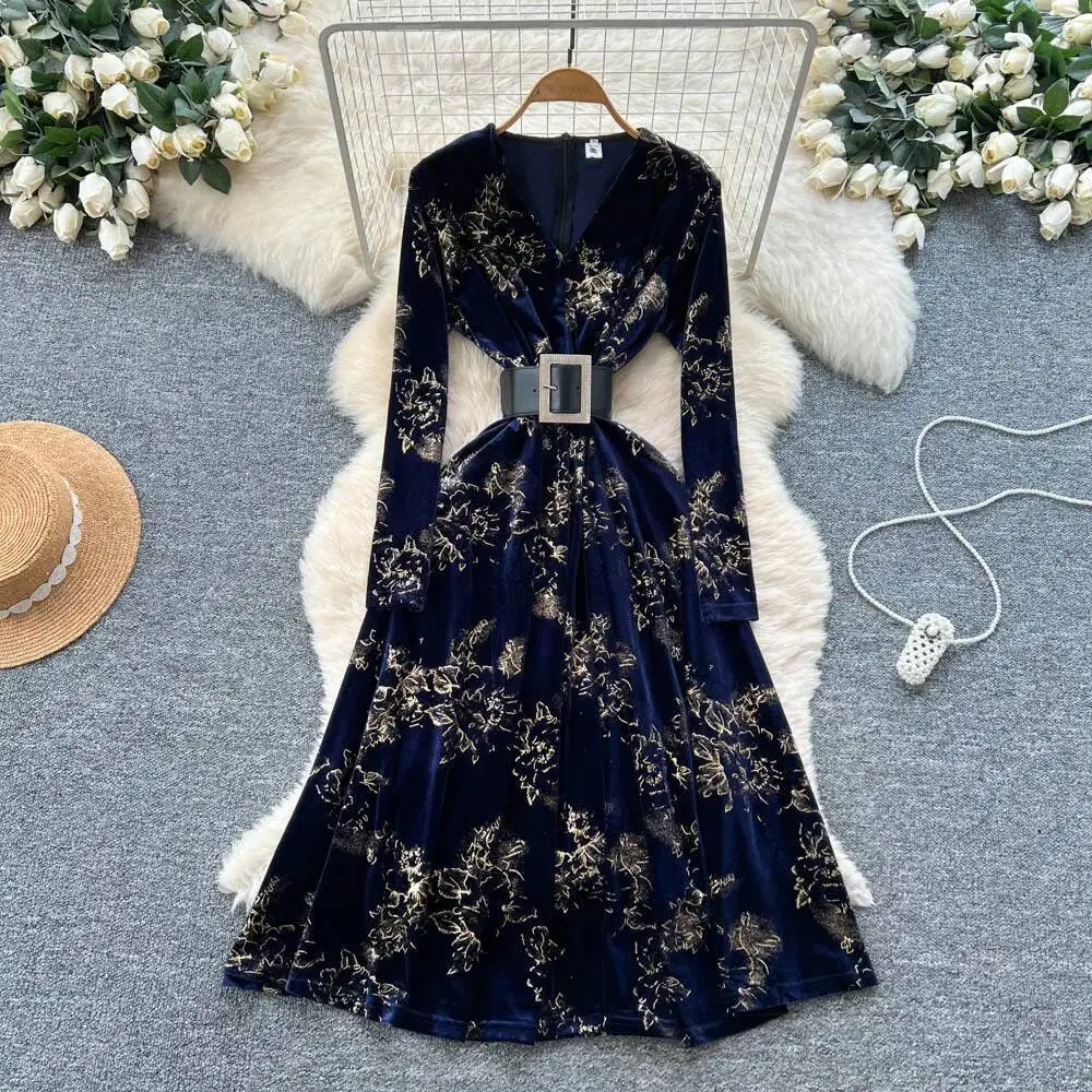 Elegant long sleeve velour print A-line dress korean fashion ceremony dresses women clothing