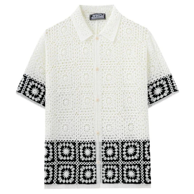 Men Crochet Hollow Out Knit Shirt Button Down Short Sleeve See Through Blouse Summer Beach Vacation Ethnic Casual Knit Top