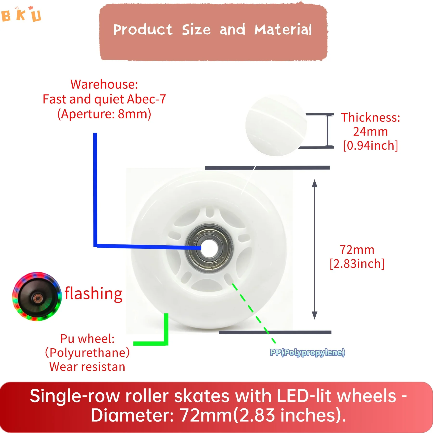 عجلات مضيئة بإضاءة LED مكونة من قطعتين 72 مم من عجلات التزلج المتوهجة PU مع محامل ABEC-7 للزلاجات المضمنة والدراجات البخارية والأمتعة - خيار 6 ألوان