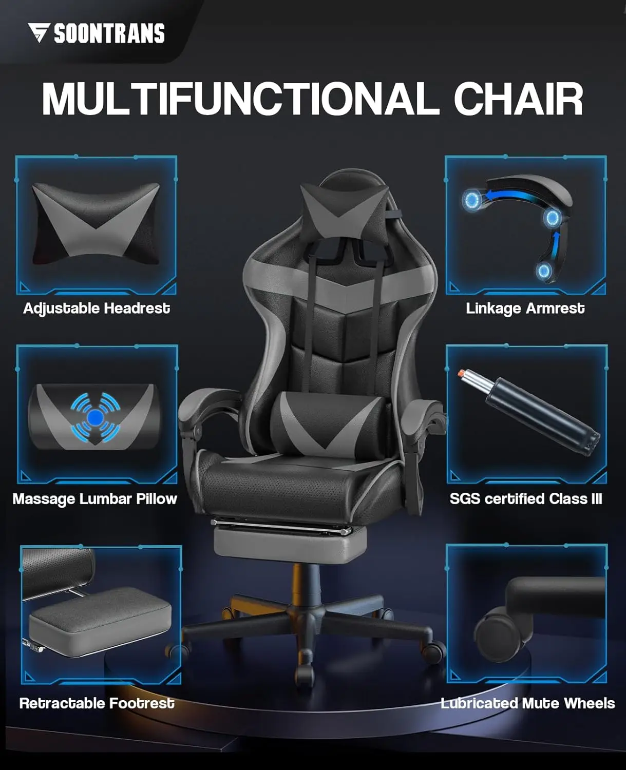 Grey Gaming Chairs with Footrest,Ergonomic Computer Game Chair, Gamer Chair with Lumbar Pillow and Adjustable Headrest