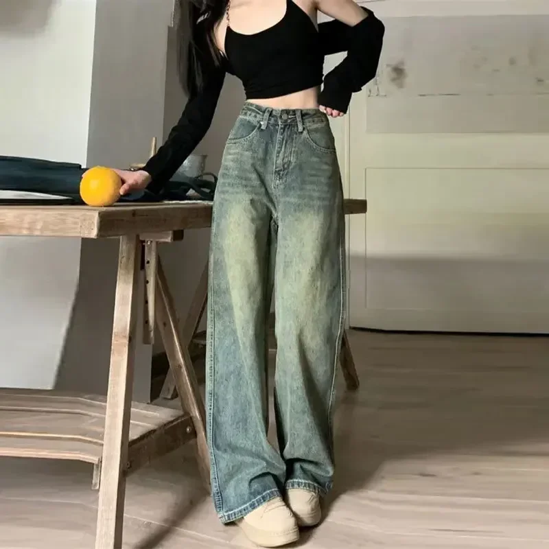 

PopVintage High Waist Wide Leg Jeans Casual Straight Cut Long Pants Women's Plus Size Floor Length American Style