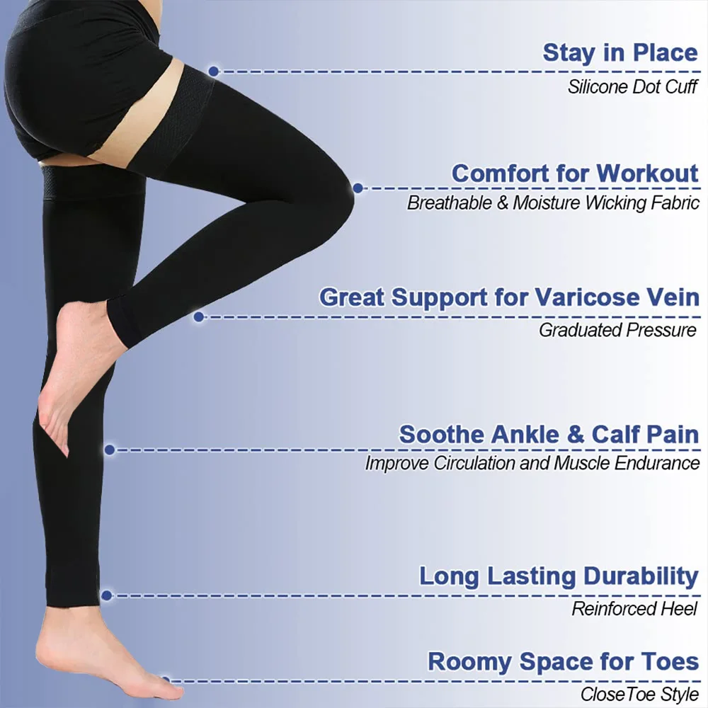 Pressure Level 2 Unisex Footless Thigh High Compression Stockings 23-32mmHg, Plus Size S-2XL Stress Relief Support Socks