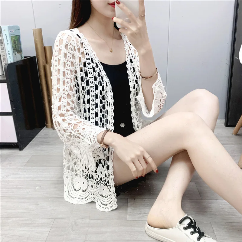 Beach Sun Protection Clothing Women\'s Spring and Summer Lace Hollow Knitted Cardigan Seaside Vacation Loose Blouson