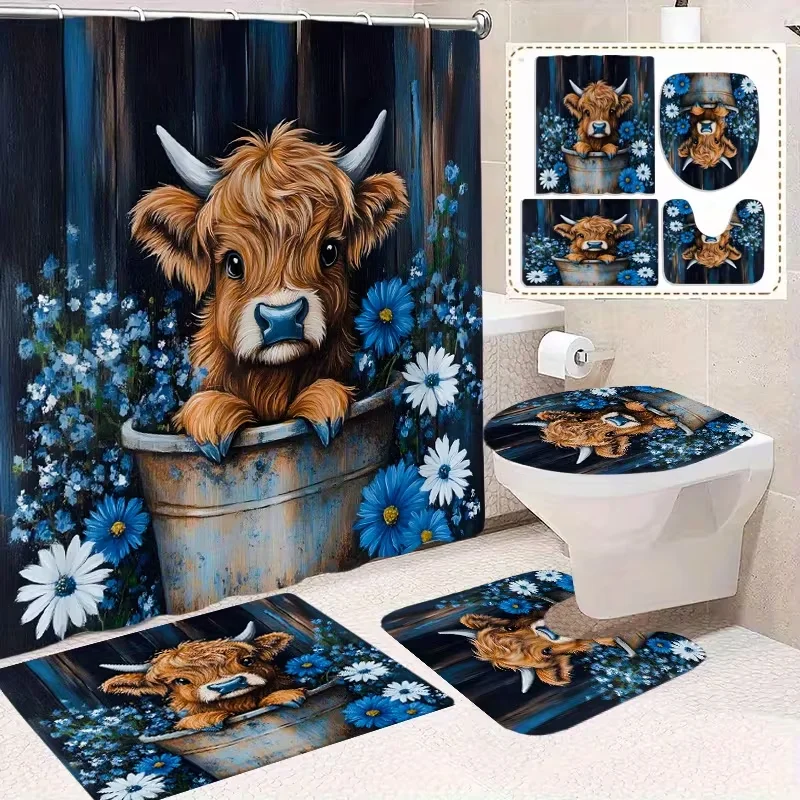 4pcs-highland-cow-scottish-cow-bathroom-set-blue-flower-highland-cow-printing-shower-curtain-bath-mat-rug-and-toilet-lid-cover
