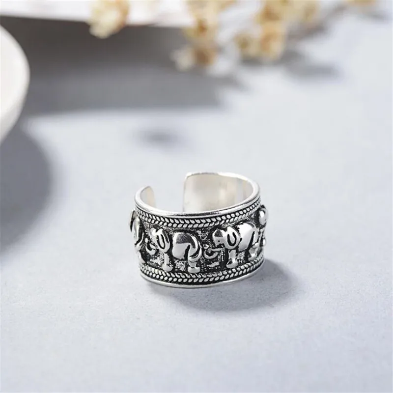 New Creative Beautiful Retro Animal 925 Sterling Silver Jewelry Personality Ethnic Style Elephant Group Opening Rings   R140