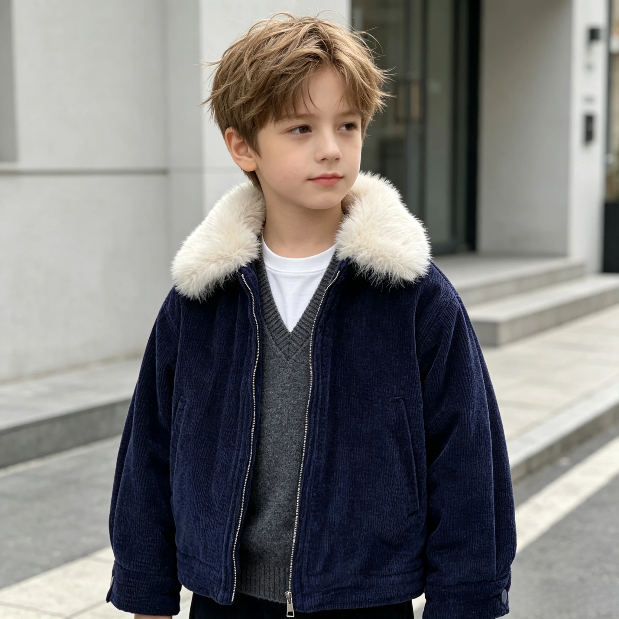 Boys Girls Large Faux Fur Collar Chenille Jacket Thick Fleece Lined Warm Zipper Coat Kids Navy Blue Fall Winter Casual Outerwear
