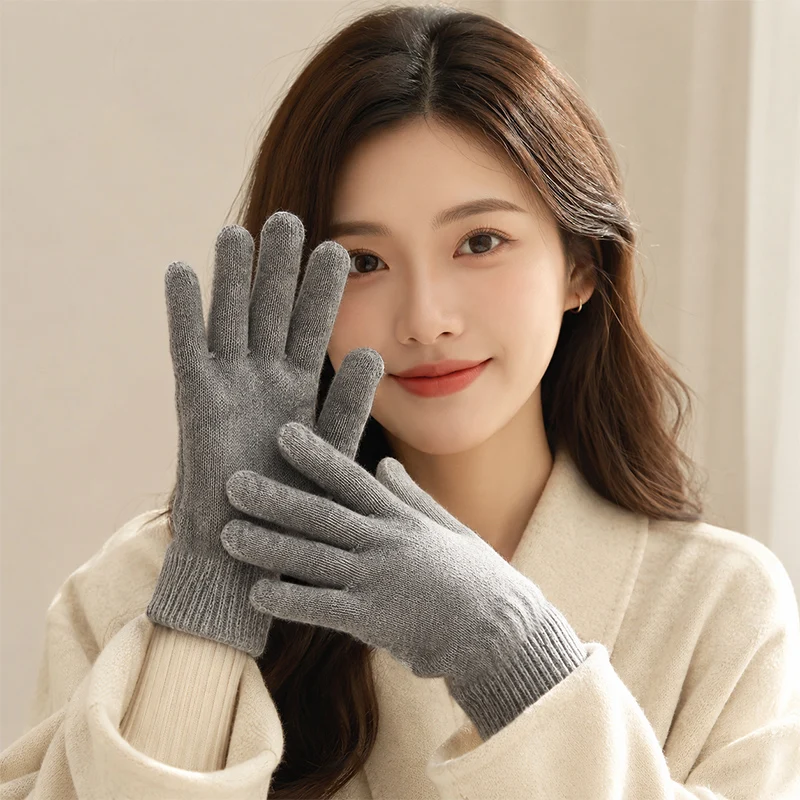 Solid Color Knitted Gloves for Women, Winter Windproof Cycling Gloves, Warm and Cold-Proof, Five-Fingered Gloves for Students