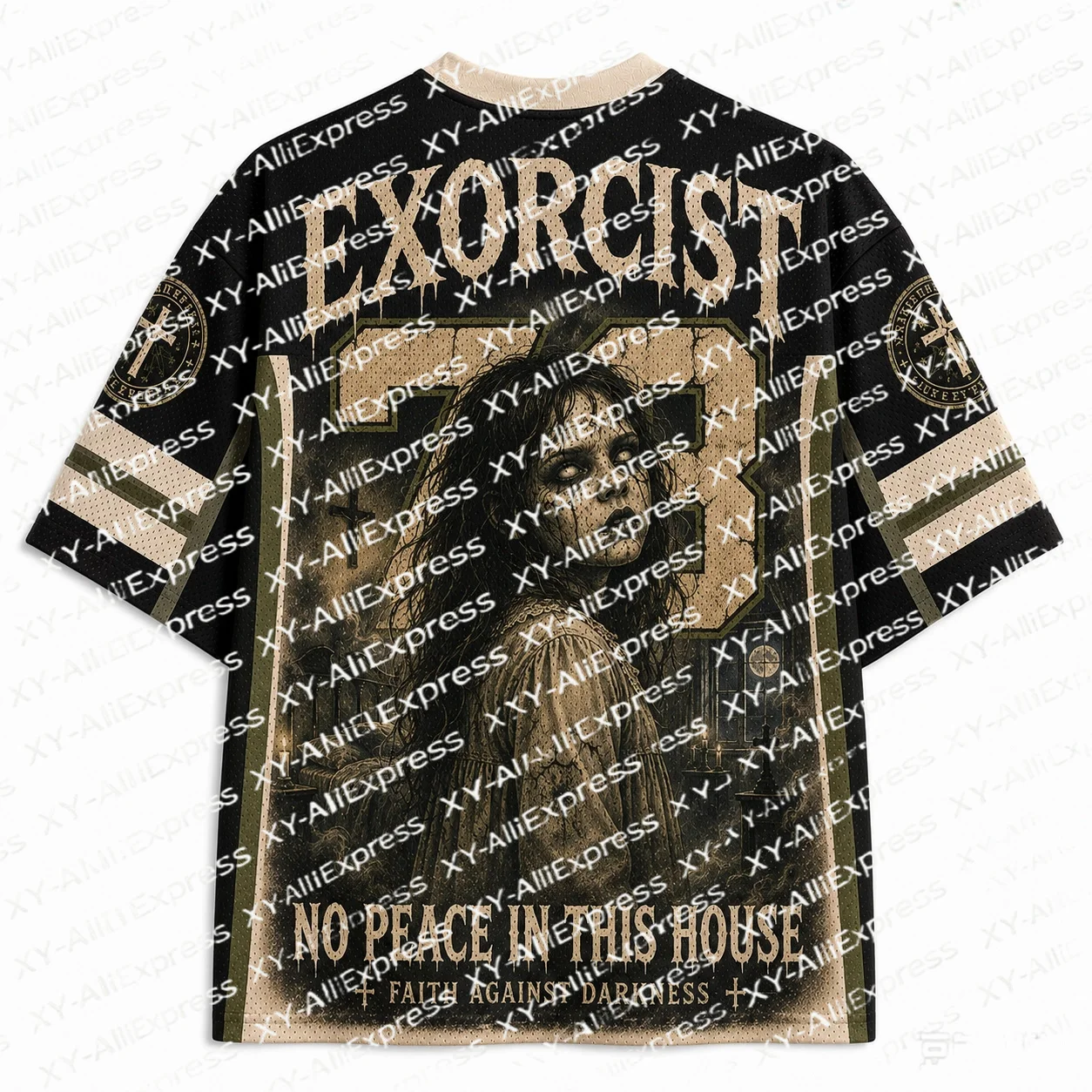 Horror Thriller Poster V-Neck Jersey, Aged Vintage Creepy Portrait Print, Ideal for Fans of Dark Horror Retro Art Aesthetics.