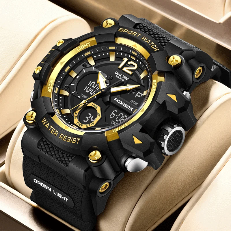 

FOXBOX Роскошные мужские наручные часы со светодиодным дисплеем Светящиеся спортивные мужские часы Водонепроницаемые военные кварцевые мужские часы Relogios Masculino + коробка