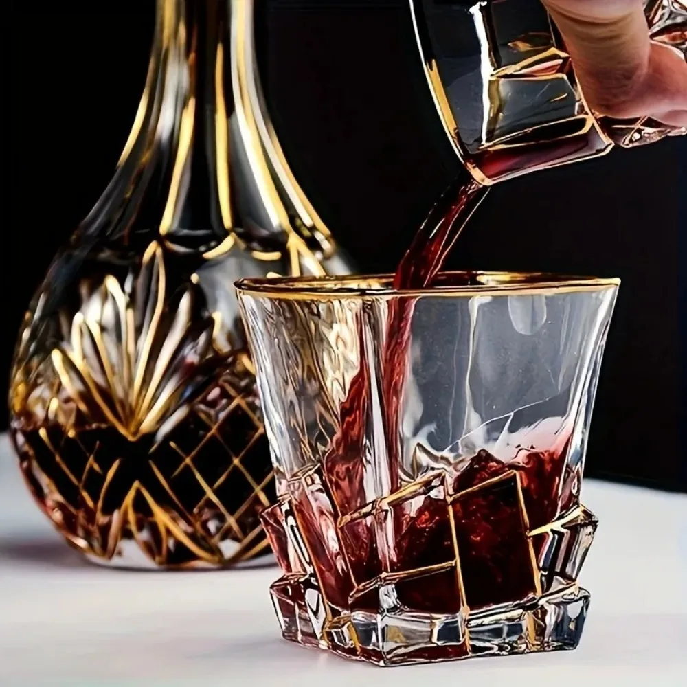 1pcs Crystal Glass Gold-plated Whiskey Glass Household Water Cup Drinking Utensils Kitchen Restaurant Bar Family Beer Cocktail