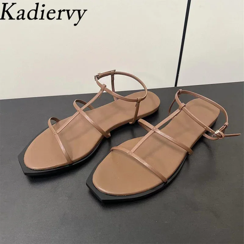 Genuine Leather Sandals Women Narrow Band Casual Holiday Shoes Woman Peep Toe Summer Flat Sandals Woman Sandalias Mujer