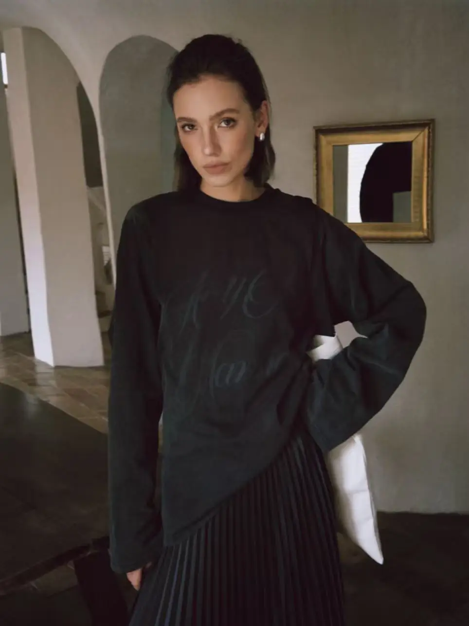 

Charcoal ey Waed Letter Print Sweatirt with Pleated Skirt Casual Sle round Ne Long Sve Loose Fit Cotton Tirt