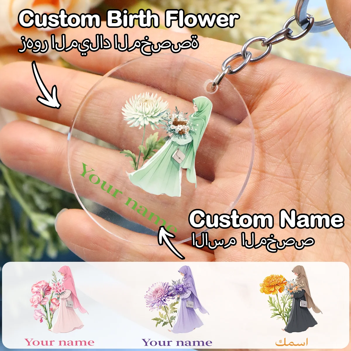 Personalisierter Acryl-Schlüsselanhänger mit Geburtstagsblumen, individueller Schlüsselanhänger, Schlüsselanhänger für Damenrucksäcke