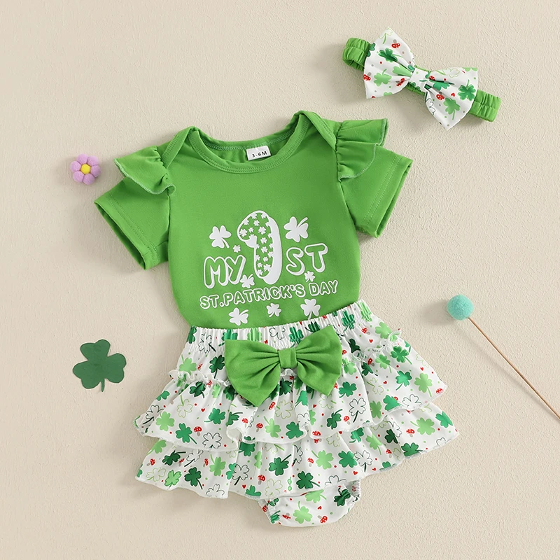 St Patrick s Day Baby Girl Outfit Shamrock Print Romper Ruffles Shorts Headband 3Pcs Clothing Set for Irish Celebration