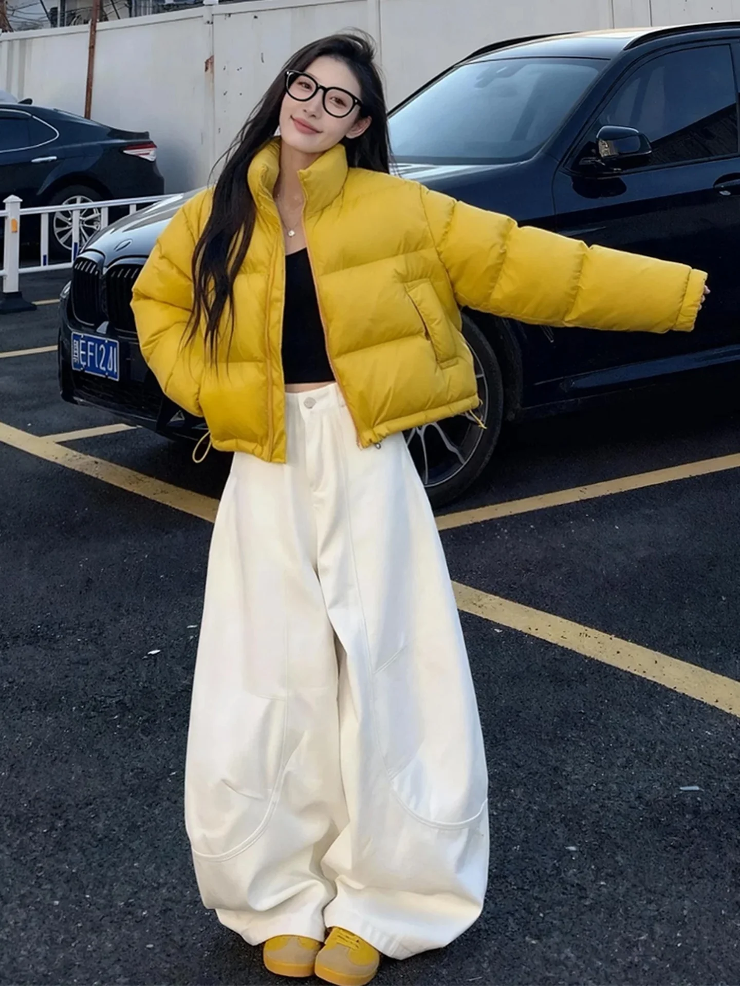 

Yellow Thickened Bread Coat And Wide Leg Pants Two Piece Set Women's Fashion Casual Style Autumn Collection Durable Quality