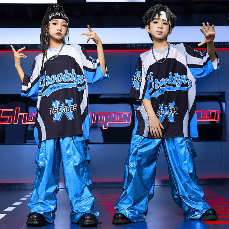 Cool Style Boys\' Clothes Summer Loose Short Sleeve Blue Trousers 2 Pieces Hip-HopClothes Street Clothing Fancy Suits For Girls