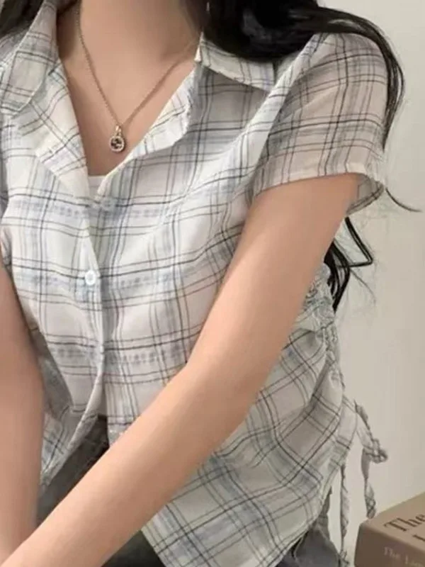 Chic Summer Vintage ort Plaid irt Colletto da donna Design con raccolta laterale Versatile top slim fit con bottoni piccoli
