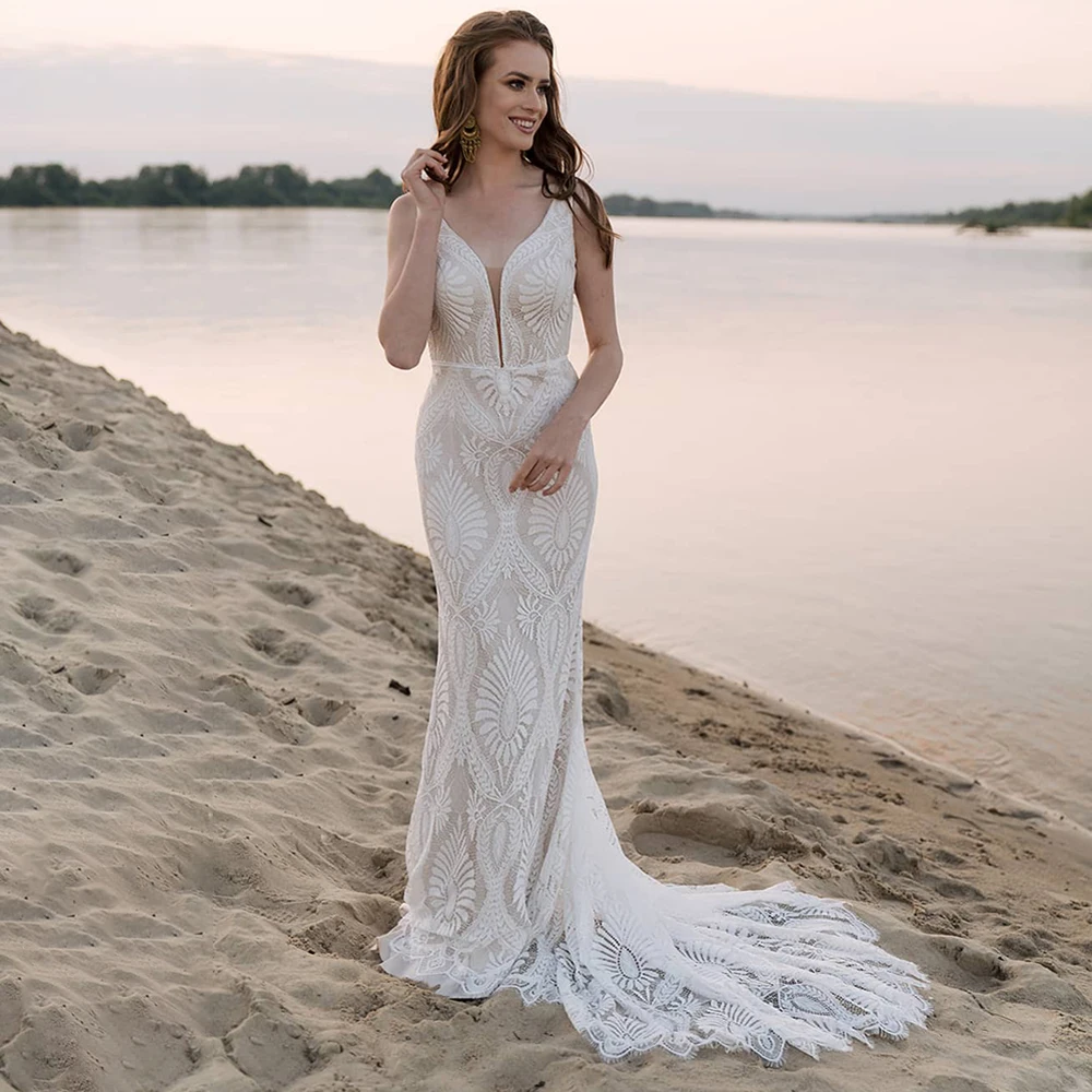 Vestido de novia bohemio con escote en V pronunciado para exteriores, vestido de novia personalizado de playa Hippie sin espalda festoneado de talla grande