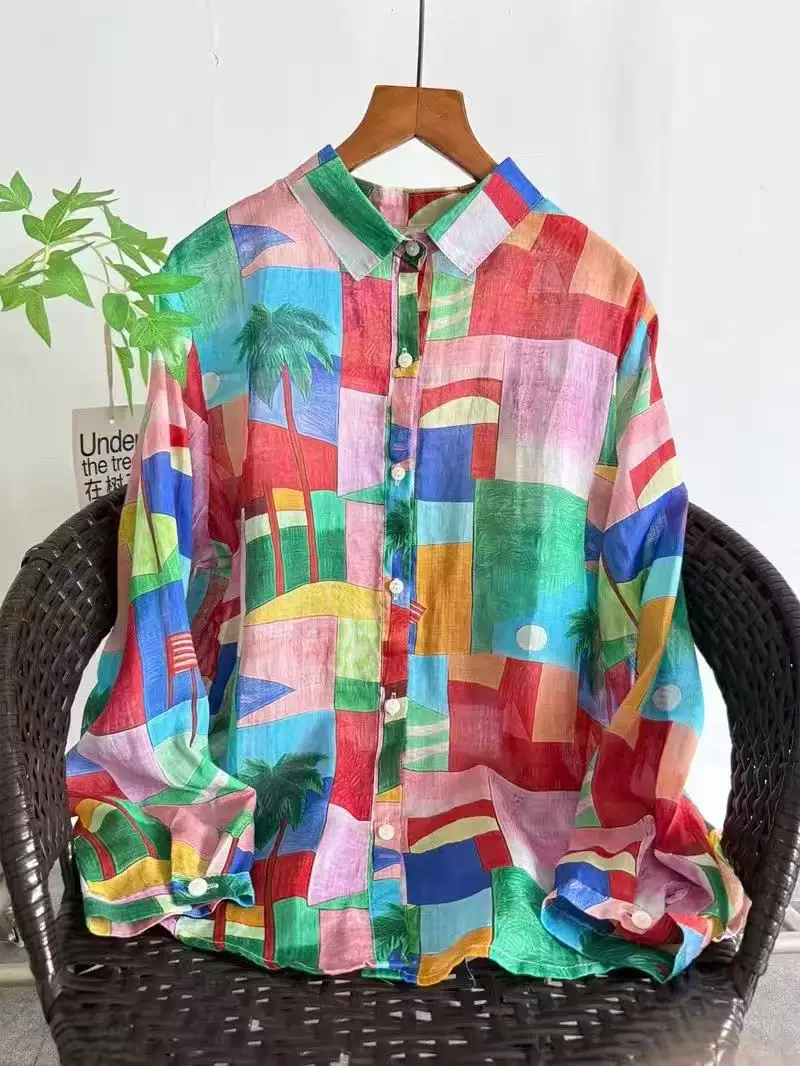 Tropical Vacation Geometric Patchwork Ramie Linen Blouse for Women Bright Multicolor Palm Tree Print Long Sleeve Shirt