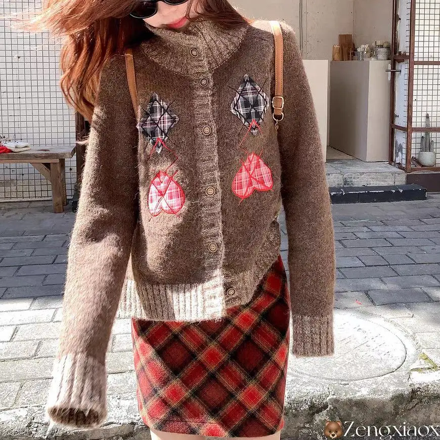 American Retro Coffee Turtleneck Knit Cardigan Plaid Heart Patch Embroidery Loose Sweater Jackets Y2K 2000s Unique Streetwear