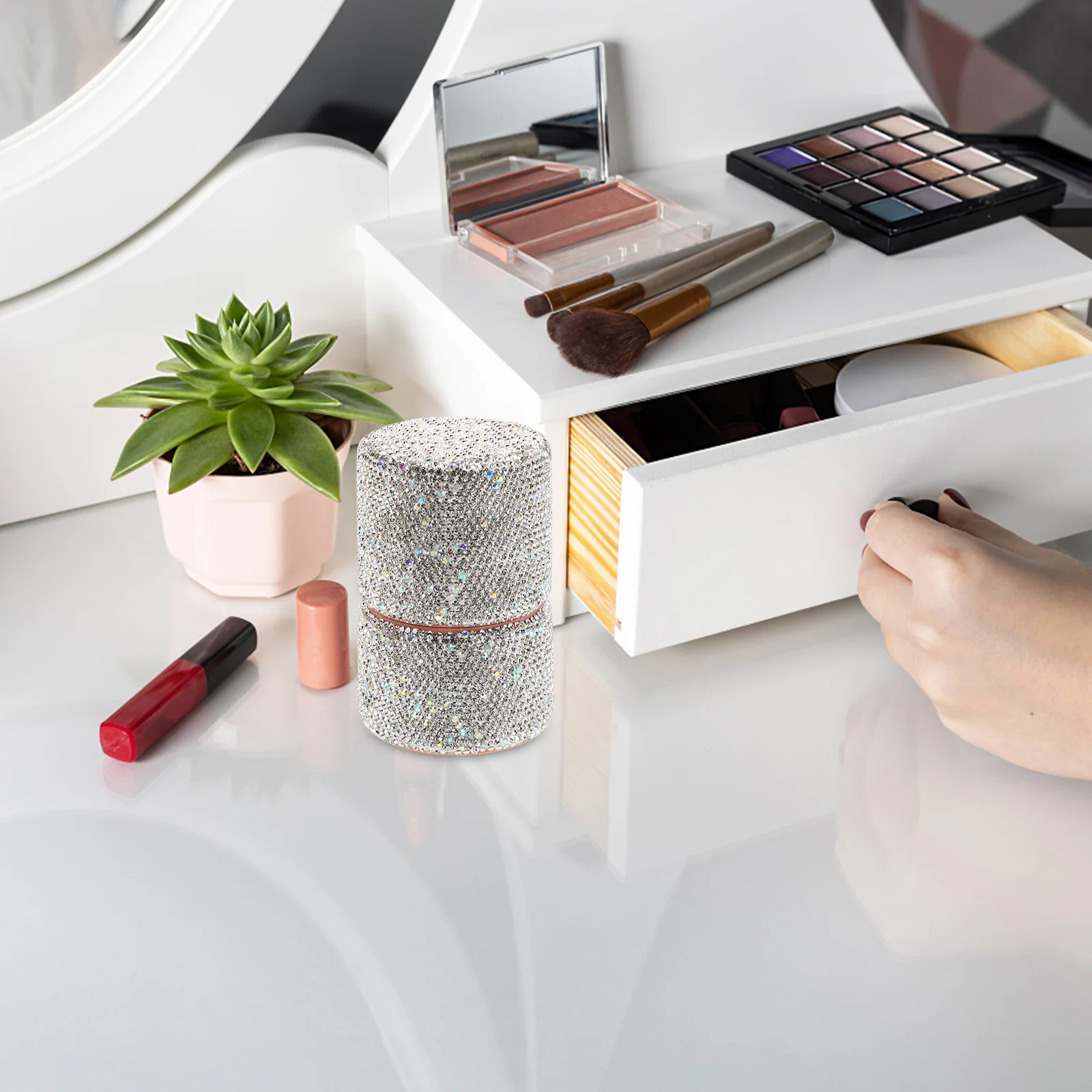 1 Juego de brochas de maquillaje de lujo con diamantes de imitación, organizador de viaje compacto, estuche a prueba de polvo para base en polvo, sombra de ojos, mezcla de contorno