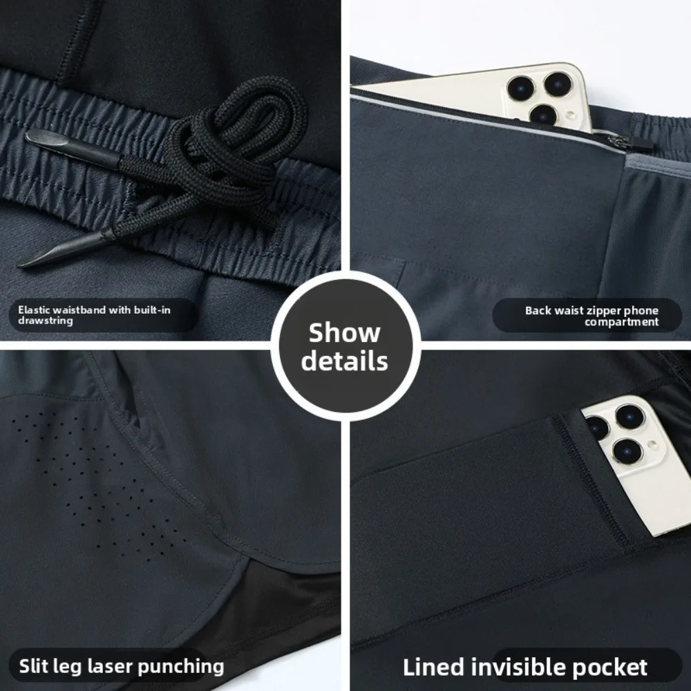 Men's Quick-Dry Running Shorts with Waist Pack Summer Double-Layer Athletic Shorts for Outdoor Sports