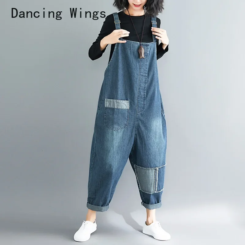 Combinaisons en jean à bretelles vintage pour femmes, jean à longueur de rinçage, pantalon à entrejambe tombant, salopette décontractée, grande taille, 2024