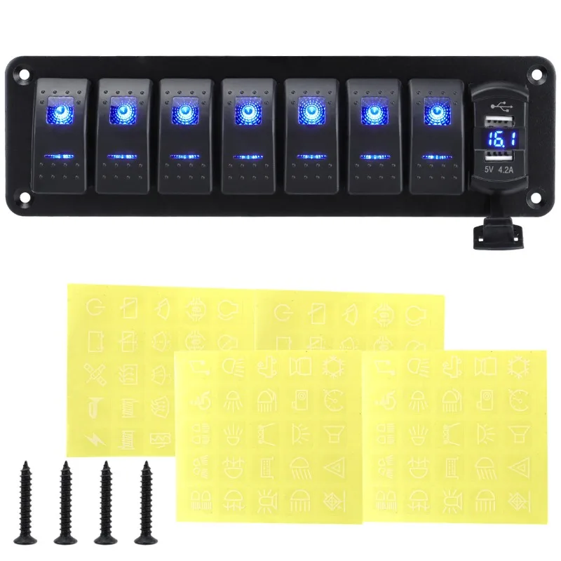 7 Gang Rocker Switch Panel Caravan Marine Boat Switch Panel Waterproof with USB Charger Voltmeter for Auto RV Vertical UTV Truck