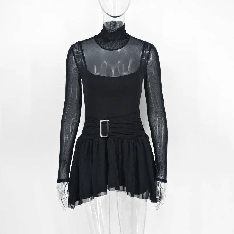 เดรสสั้นผู้หญิง ฤดูใบไม้ผลิ รุ่นใหม่ คอเต่า ผ้าสีพื้น แฟชั่น แขนยาว ลำลอง ทรงเข้ารูป เซ็กซี่ ผ้าตาข่ายซีทรู ทรงเอไลน์