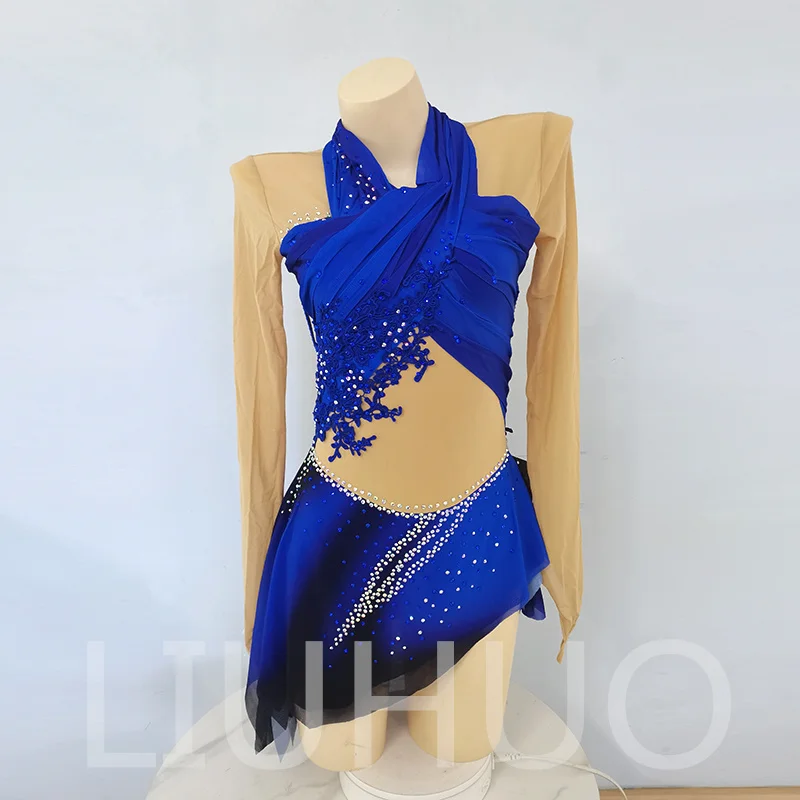 LIUHUO Ice Figure Skating Dress Girls Blue Women Teens Stretchy Spandex Competition Wholesale