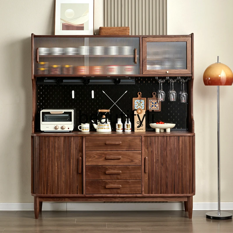 

Nordic solid wood tea cabinet North American black walnut retro hole board storage side cabinet