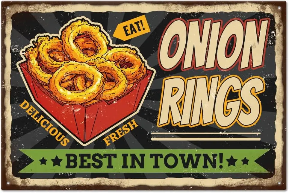 GLOBLELAND Vintage Onion Rings Metal Tin Sign Delicious and Onion Rings Tin Sign  Art Plaque Poster Wall Decor for Bar Club R