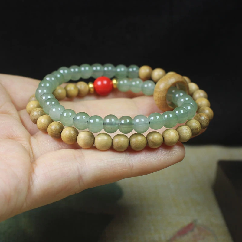 Milky wood 6mm double-loop bracelet with running rings, simple Buddhist beads for couples, decorative prayer beads jewelry