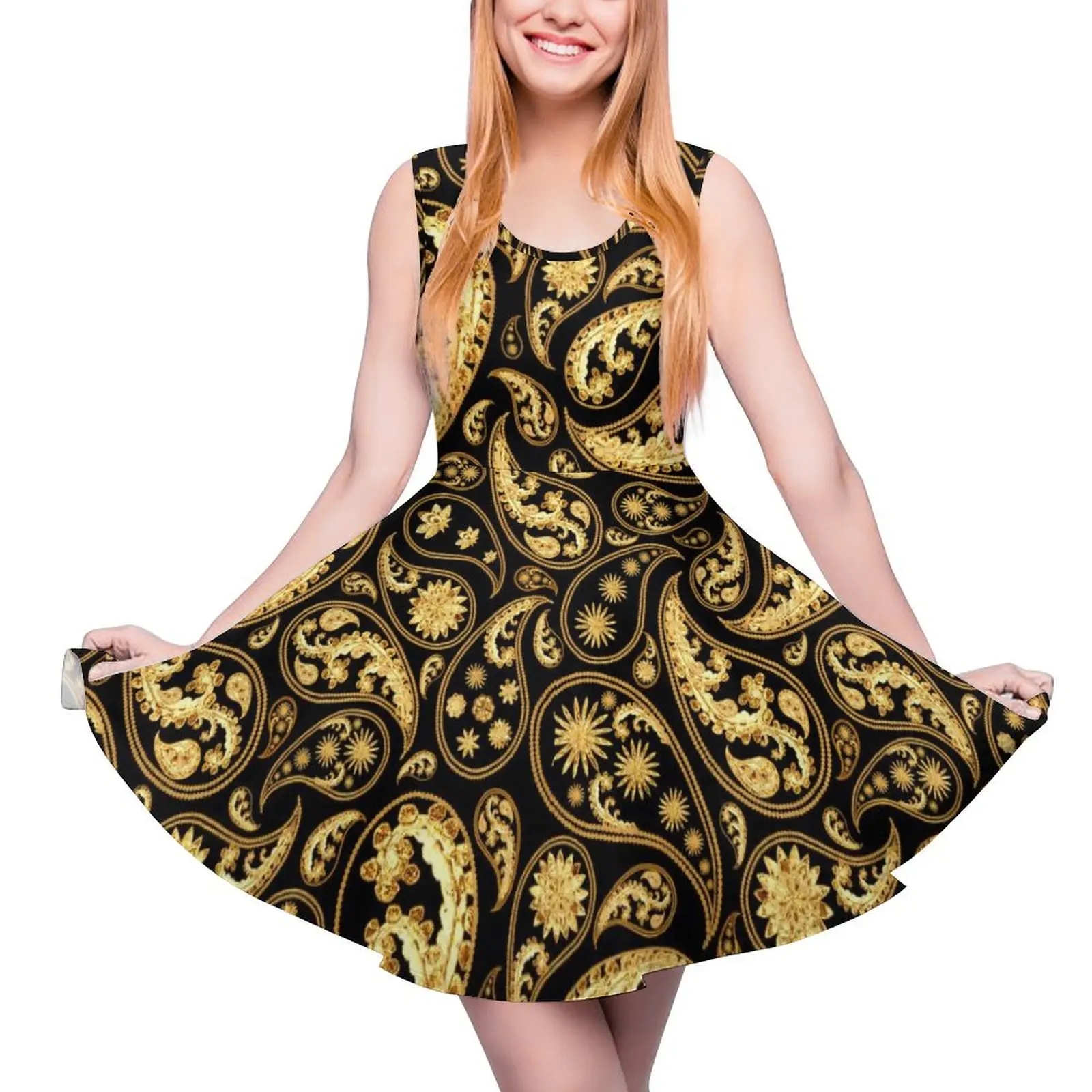 Traditional Paisley Dress Vintage Print Sexy Dresses High Waist Street Style Big Size Skate Dress Women Graphic Vestidos