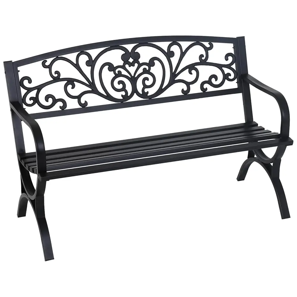 

Outdoor 50 Hes Garden Bench, Slatted Seat Armrests Floral Design Backres And Arch Legs, Perfect For Park, Yard, Porch, Lawn,