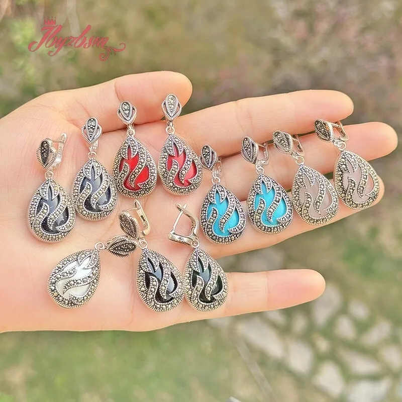 

16x22mm Drop Coral Shell Stone Inlaid Marcastie Tibetan Silver Jewelry Earring For Women Gift Dangle Huggie Earring 1 Pair