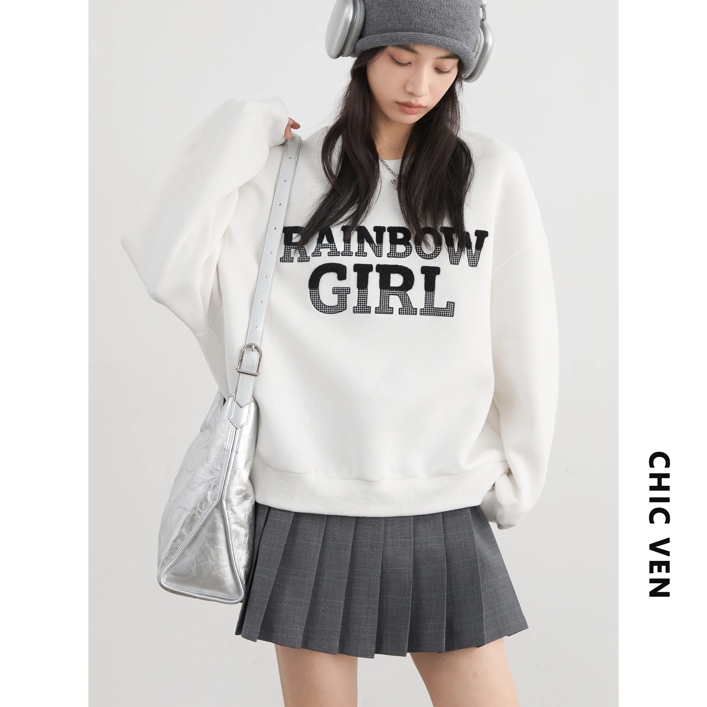 CHIC VEN damskie bluzy swetry O Neck luźna na co dzień wokół szyi Patchwork list haftowany top damski wiosna jesień 2025 — zdjęcie 3