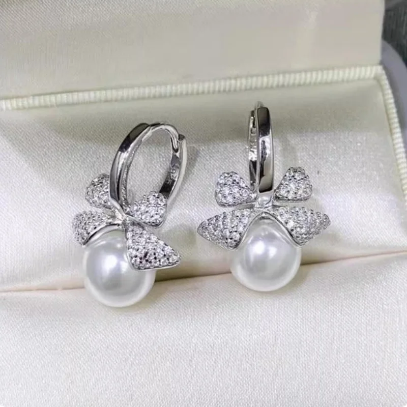 New Beautiful AAA+9-10mm Natural South Sea Round White Pearl Earrings 14k Gold