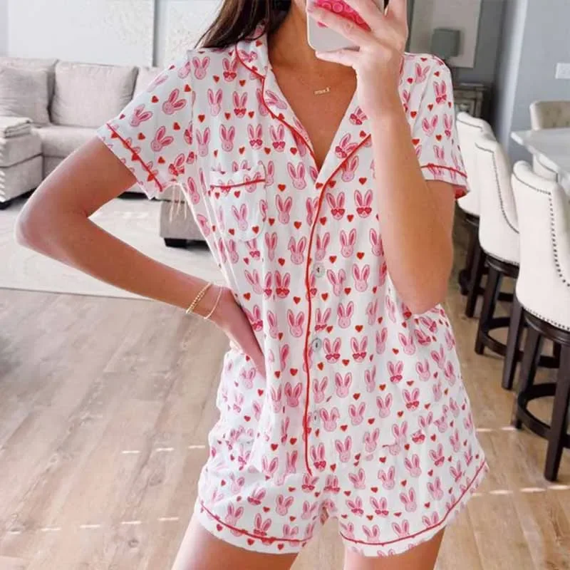 Easter Monkey Cartoon Pajamas Set Women y2k Clothes Single Breasted Short Sleeve Blouse Shirt Top + Shorts 2 Piece Loungewear