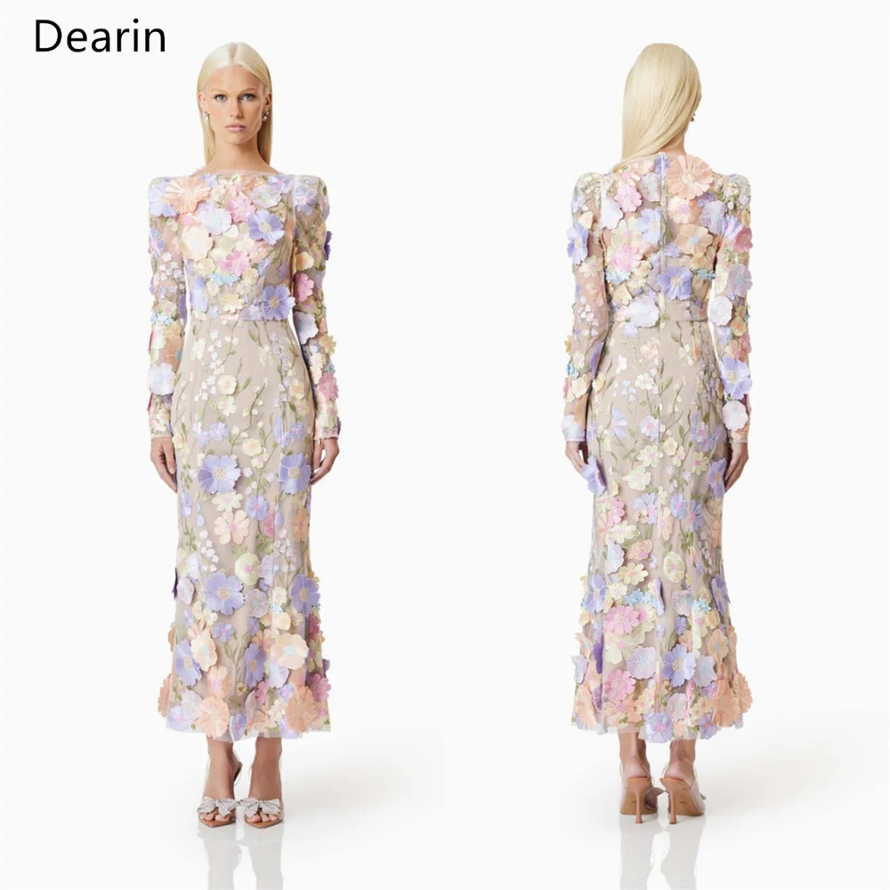 

Customized Evening Gown Dearin Scoop Neckline Mermaid Ankle Length Skirts Tulle Draped Applique Flower Bespoke Occasion Dresses