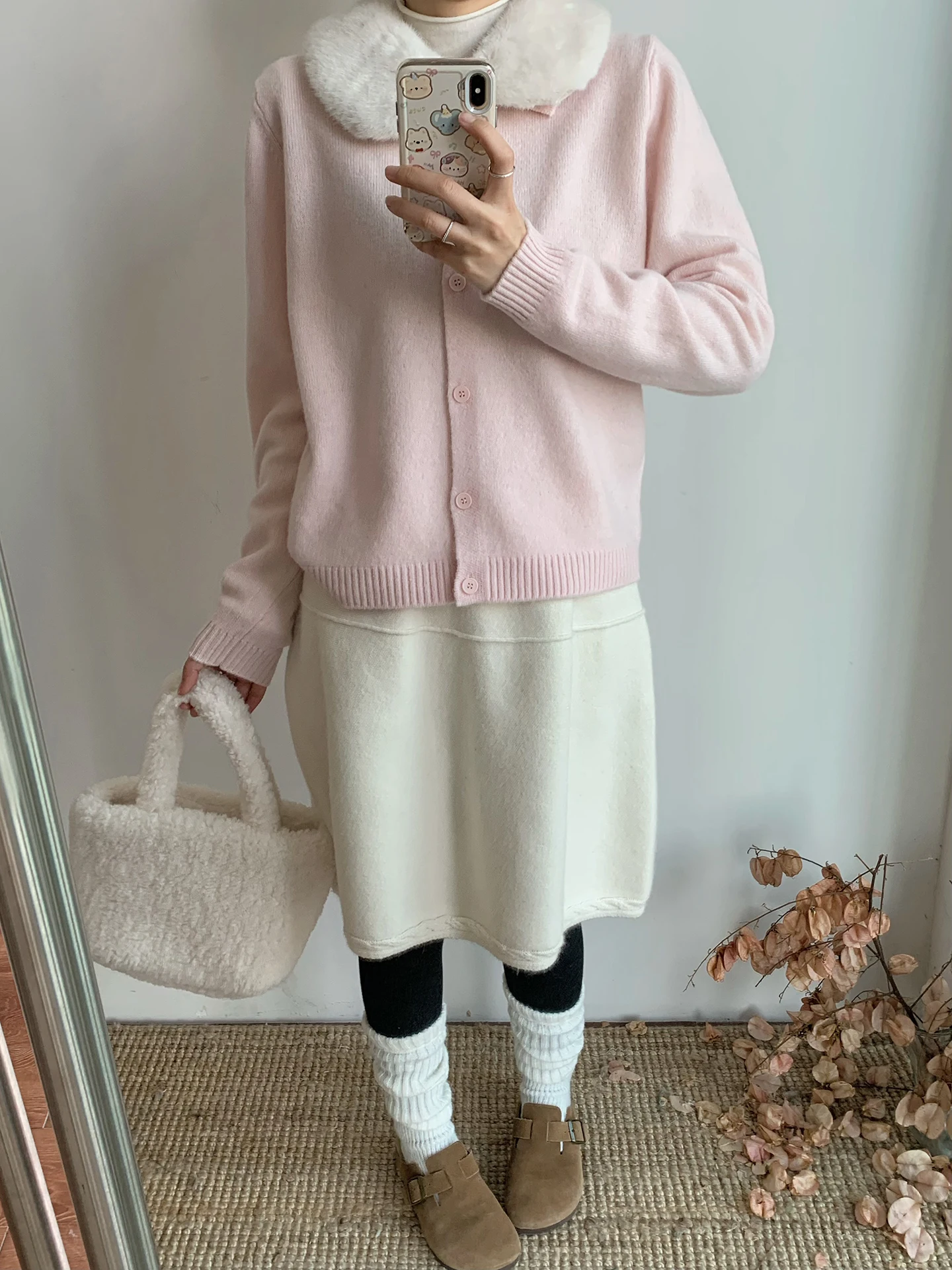 

Женский вязаный кардиган свободного кроя из 100% шерсти с мягким съемным меховым воротником, однотонный, длинный рукав