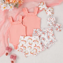 3PCS Summer 0-2 Years Old Baby Girls Soft And Comfortable Beautiful Children's Fun Pink Clothes + Rainbow Printed Shorts