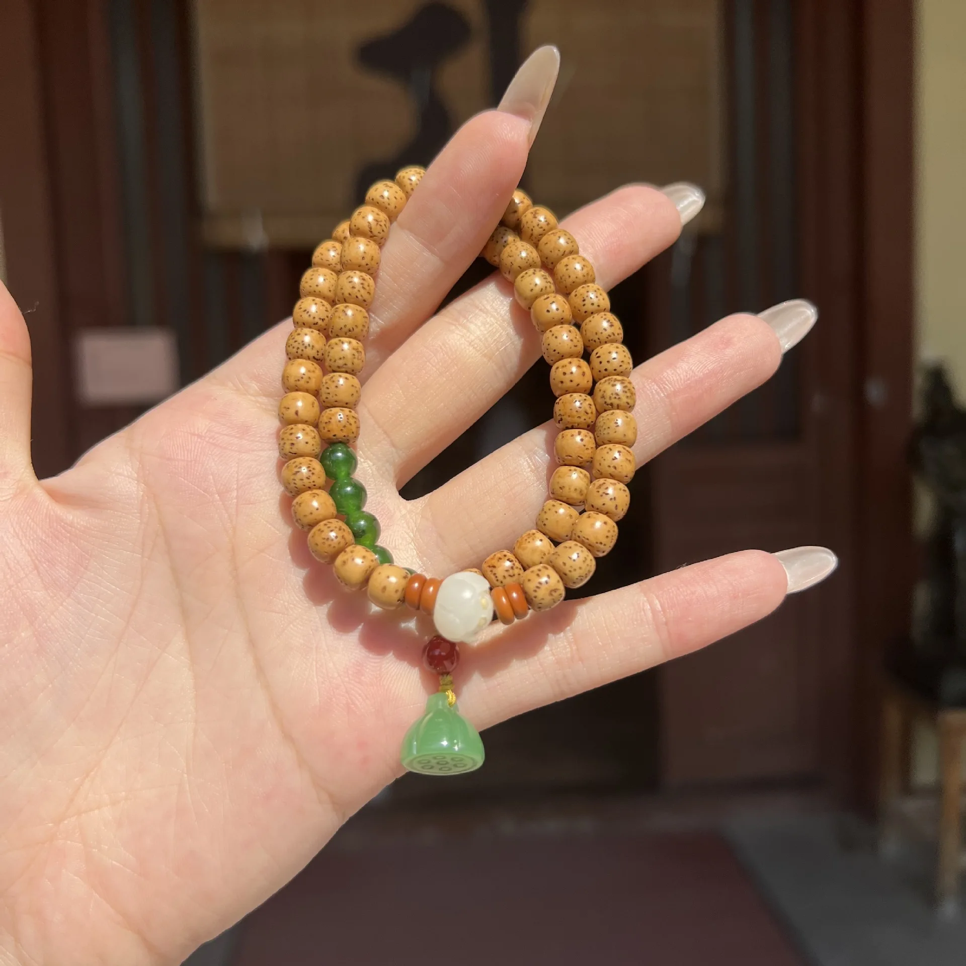 Fresh Elegant Star Moon Bodhi Bead Bracelet with Lotus Pod Pendant Double Wrap Long Bracelet for Men and Women Gifts
