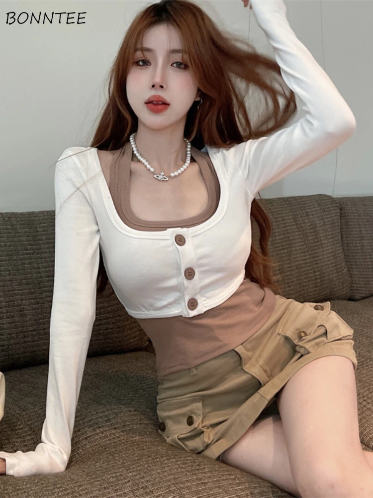 

T-shirt Sets with Tanks Women Designed All-match Autumn Basic Temper Korean Fashion Sexy Girl Gentle Elegant Aesthetic Clothing